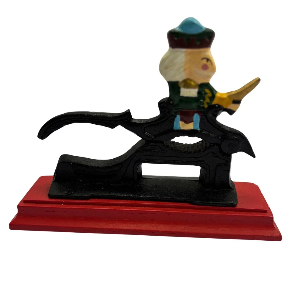 Vintage Cast Iron Soldier Nutcracker Mechanical Lever Action on Red‎ Wood Base